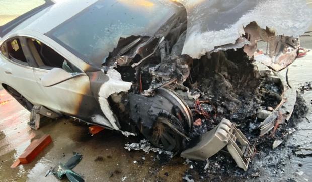Tesla 'spontaneously' bursts into a fireball while driving at 'freeway speeds'