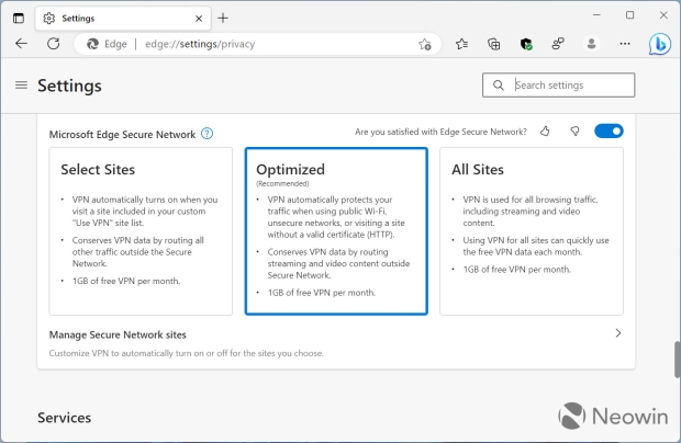 TweakTown Enlarged Image - Edge's built-in VPN is a breeze to use but has limitations (Image Credit: Neowin)