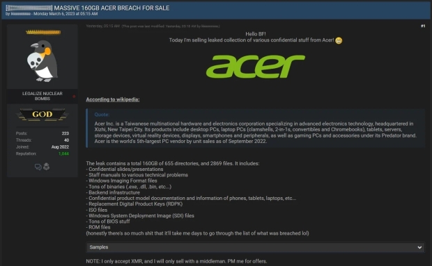 TweakTown Enlarged Image - Stolen Acer data up for sale on forums, credit: BleepingComputer