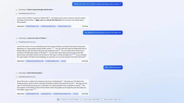 Here's what the AI has to say about Fallout 3 quests (Image Credit: Microsoft)