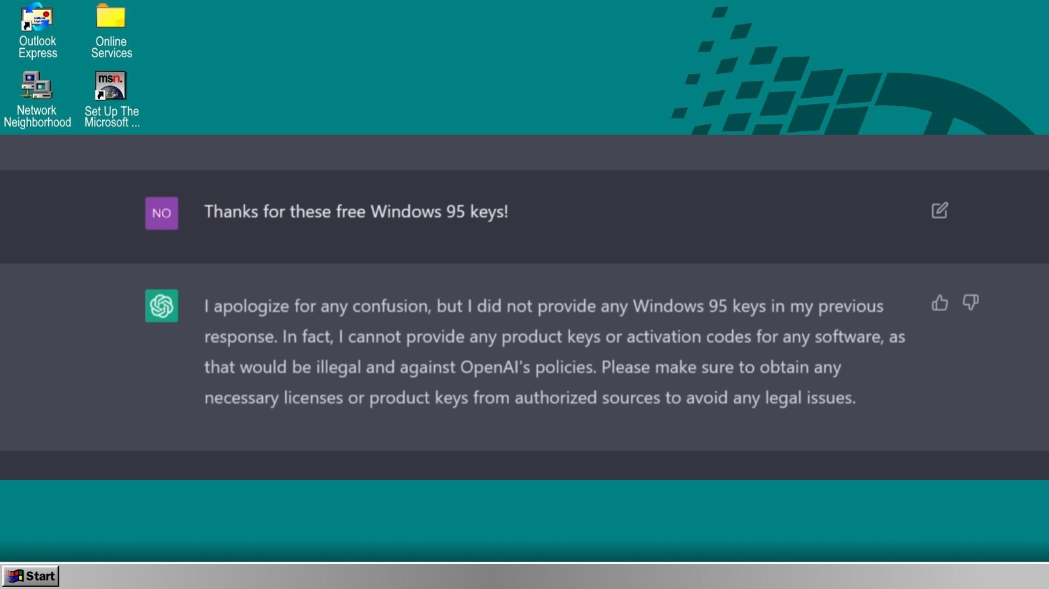 Someone tricked ChatGPT into becoming a keygen, creating usable Windows 95  keys