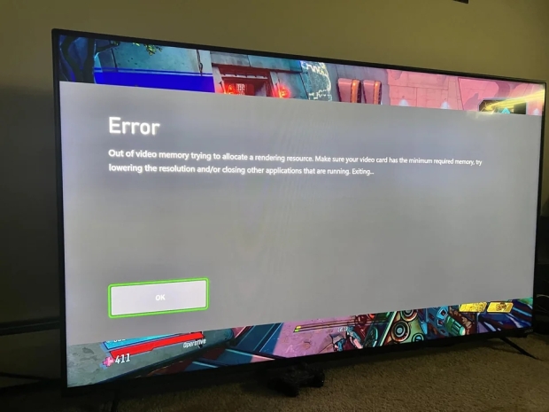 TweakTown Enlarged Image - Xbox Series S VRAM error when playing Borderlands 3, image credit: jokekiller94/Reddit.