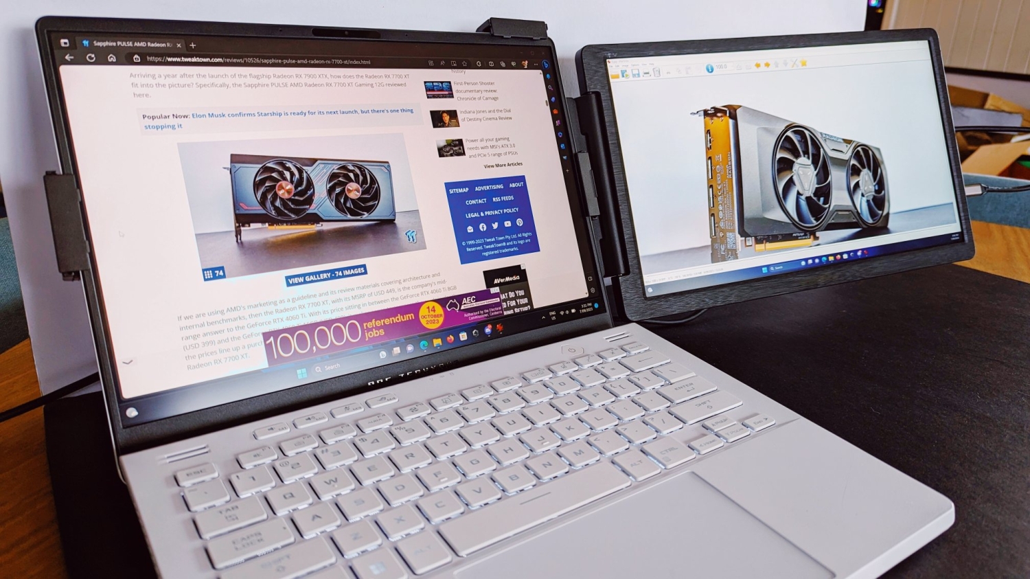 TweakTown Enlarged Image - The CrowView 14-inch Portable Ultralight Dual Monitor connected to my ASUS ROG Zephyrus G14 laptop.