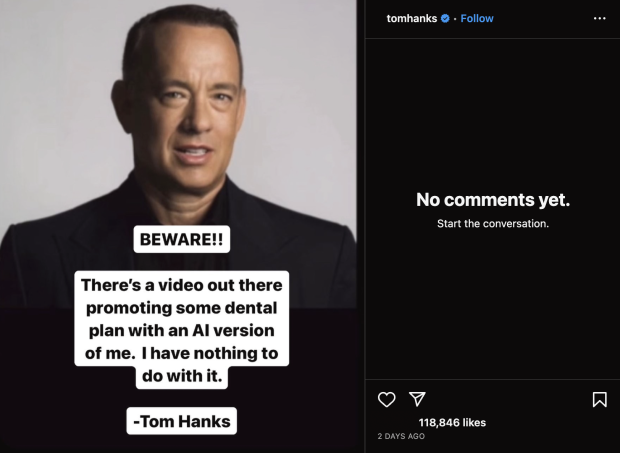 Tom Hanks slams AI generated ad of him selling a dental plan ‘Beware!!’