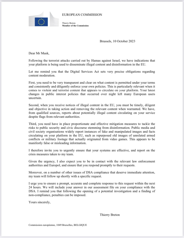 EU sends warning letter to Elon Musk over X sharing illegal Hamas terrorist attack content 251