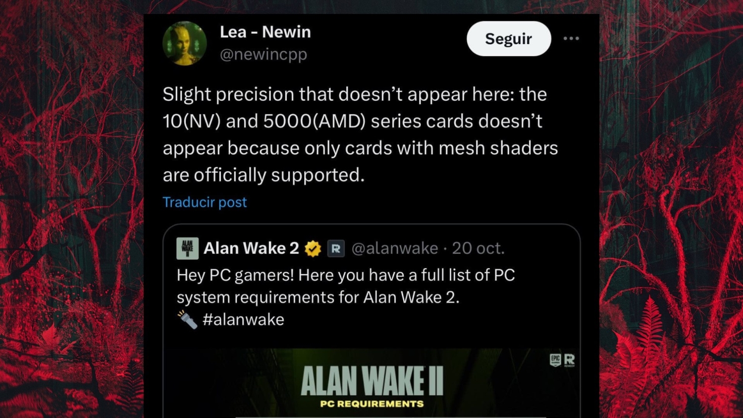 Alan Wake 2 system requirements need an RTX 2060 and DLSS for 30fps