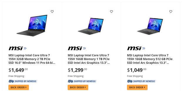 MSI's new AI laptops with Intel Core Ultra "Meteor Lake" CPUs (source: Newegg) MSI's new AI laptops with Intel Core Ultra "Meteor Lake" CPUs (source: Newegg)