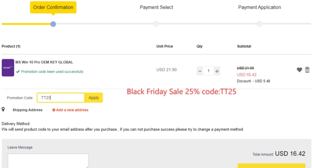 This page confirms what you ordered and lets you enter the code TT25 for savings.