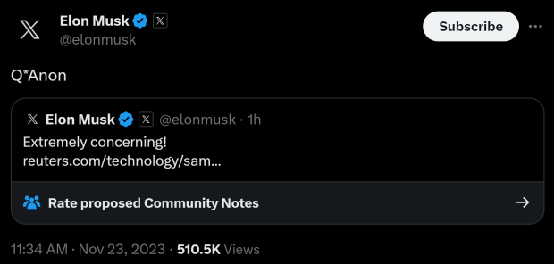 Elon Musk tweets 'Q*Anon' after OpenAI's new Q* platform teased, adds 'extremely concerning' 171717