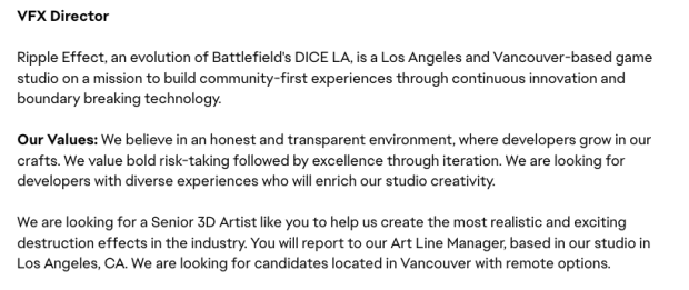 The job listing for a VFX Director at Ripple Effect, developer of Battlefield