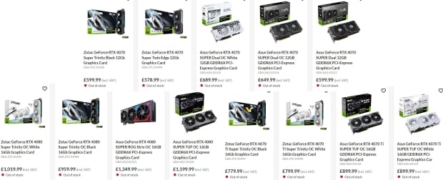 RTX 40 SUPER series pricing (source: OverclockersUK)