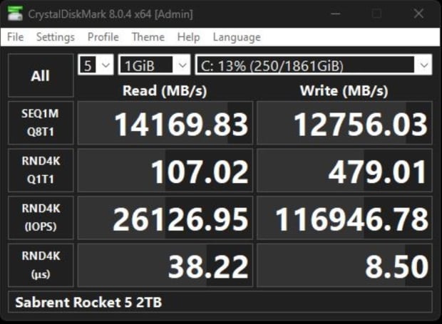 Sabrent Rocket 5 Gen 5 SSD benched in CrystalDiskMark (source: Sabrent) Sabrent Rocket 5 Gen 5 SSD benched in CrystalDiskMark (source: Sabrent)