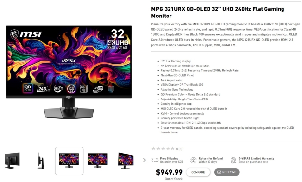 MSI MPG 321URX QD-OLED gaming monitor: 32-inch 4K 240Hz