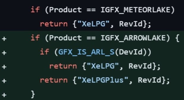 Intel Xe-LPG+ is for Arrow Lake-H mobile processors (source: Github)