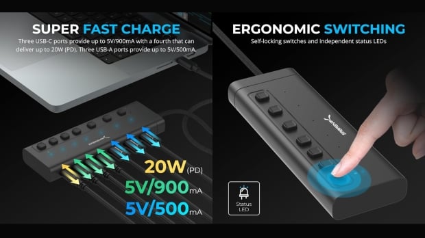 Sabrent's 7-Port USB C Hub is powered and each port has its own switch 03