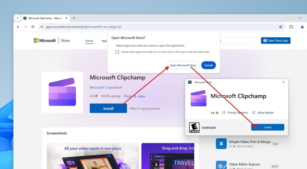 Stary sposób polegał na kliknięciu przycisku „Zainstaluj”, a następnie wyrażeniu zgody na otwarcie aplikacji Microsoft Store i ponownym kliknięciu przycisku „Zainstaluj”.