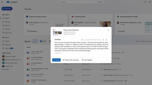 Copilot will eventually be available in OneDrive to carry out tasks like summarizing documents (Image Credit: Microsoft)