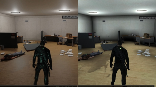 Tom Clancy's Splinter Cell (2022) with ray-tracing (left) versus the original baked lighting (right), image credit: YouTube/Skurtyyskirts.