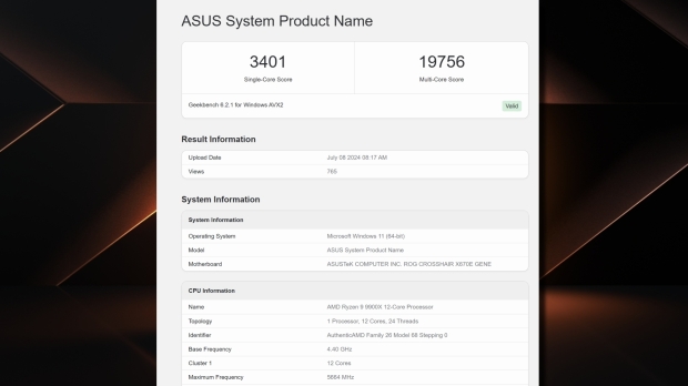 AMD Ryzen 9 9900X CPU 'Zen 5' Geekbench 6 benchmark result.